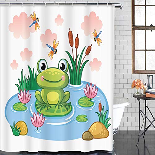 Emvency Shower Curtain Blue Cartoon The Frog Sits On Leaf In Pond Children's Style Lake With And Animals Colorful Baby Waterproof Polyester Fabric 72 X 72 Inches Set With Hooks #TOP4