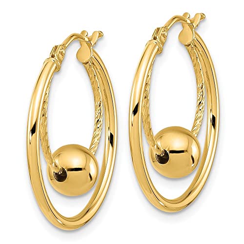 14K Yellow Gold Polished Textured W/ 6Mm Ball Hoop Earrings #TOP1