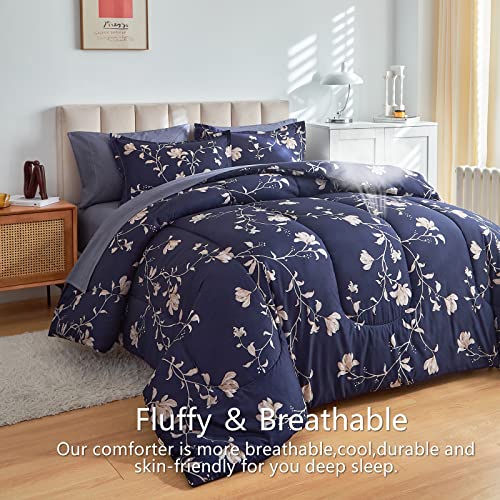 Aikasy Bed In A Bag Queen Comforter Set，7 Pieces Floral Comforter Set Bedding Sets With (1 Comforter, 2 Pillow Shams, 1 Flat Sheet, 1 Fitted Sheet, 2 Pillowcases) (Navy, Queen) #TOP3