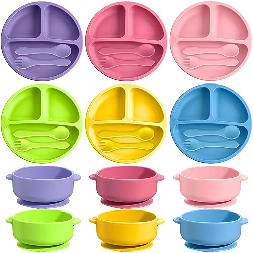 Image of Dandat 24 Pcs Silicone Baby Feeding Set,6 Baby Toddler Suction Bowls 6 Divided Suction Plates with 6 Forks 6 Spoons, Utensils Set for Weaning Infant Feeding and Eating, 6 Styles(Bright Color)