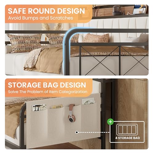 Image of LIKIMIO Twin Daybed, Day Bed with Trundle, Storage Upholstered Headboard and Charging Station, Trundle Bed with Strong Supports for Living Room, Bedroom, and Guest Room, Wood and Beige