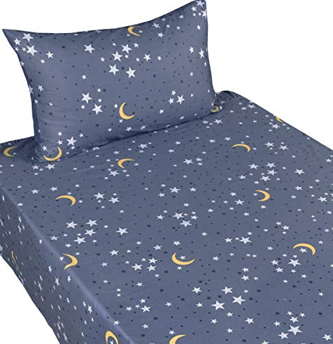 Image of Scientific Sleep Moon & Stars Boys Girls 100% Cotton 3 Pcs Twin Bed Sheet Set Kids Toddler Teen, Flat Sheet & Fitted Sheet & Pillowcase Kids Bedding Set