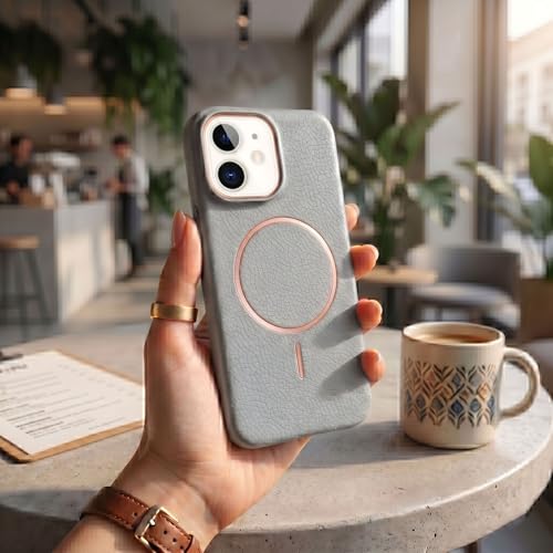 Image of amazon basics Luxury MagSafe Compatible Leather Texture Back Cover for iPhone 12 Pro | Raised Camera Protection | Slim Fit Shockproof Case with Metallic Accents (Gray)