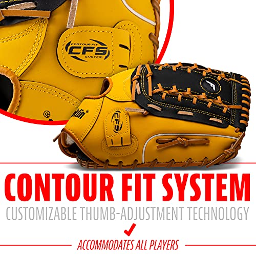 Image of Franklin Sports Field Master Baseball and Softball Gloves for Adults, Youth, and Kids - Durable and Soft Synthetic Leather - Adjustable Fit - Right Hand Throw - 12.5 inch in. First Base Mitt - Black /Tan