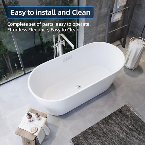 Image of 59 Inch Acrylic Freestanding Bathtub, Deep Soaking Tub with Non-Slip Base, cUPC Certified Free Standing Tub, Chrome Drain Bath Tub, Modern Tub for Bathrooms, White