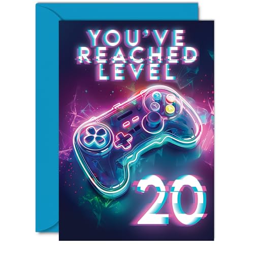 Giftzie 20th Gamer Birthday Cards for Men Women - You've Reached Level 20 - Happy 20 Birthday Card for Son Daughter Brother Sister Friend, A5 Twenty Twentieth Bday Video Game Greeting Cards