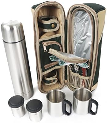 Greenfield Collection 2 Person Flask Bag and Mugs; Dual Flask Hamper Bag with 1L Insulated Flask and 2 Travel Mugs, Camping Coffee Cup - Perfect Flask Picnic Hamper for Outdoors  Green