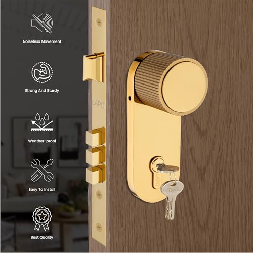 Image of LAPO Mortice Lock for Main Entrance, 60x85mm Lock Body, Suitable for 30-50mm Door Thickness, 70mm Cylinder with 3 Brass Keys, Left & Right Door Compatibility, Gold Finish, 3 Years Warranty - 317
