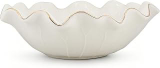 10 Inch White Ceramic Decorative Bowl, Large Shallow Bowl with Ruffle Lotus & Gold Trim - Fruit Display for Kitchen Counter, Modern Dining & Coffee Table Decor Centerpiece, Ideal Housewarming Gift ﻿