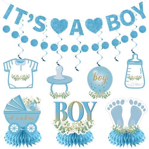 Baby Shower Decorations for Boy - 9PCS Light Blue Glitter Its a Boy Gender Reveal Banner Table Centerpiece Hanging Swirls Set Pregnancy Announcement Circle Dot Garland Banner Party Supplies