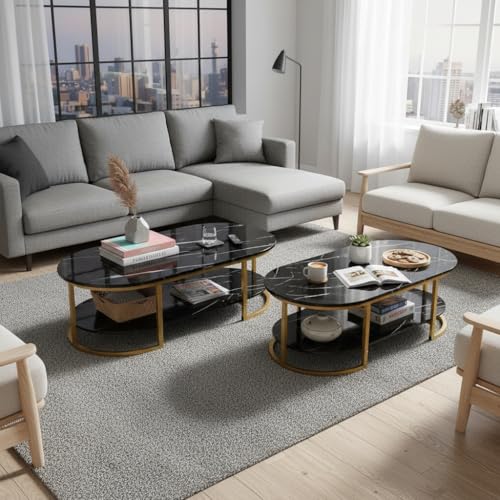 Image of RIZIK Stores Coffee Table - Modern 2-Tier Center Table with Engineered Wooden Top & Metal Frame, Living Room Sofa Table, Elegant Cocktail Table for Home, Office, Dining (Black)