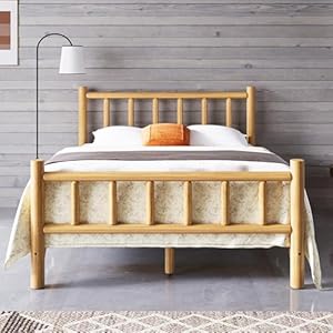 Farmhouse Log Platform Frame with Headboard and Footboard, Rustic Style Pure Solid Pine Cylinder Construction Bed Frame, Fits Mattresses and Box Springs, Queen Size, Natural Farmhouse Log Platform Frame with Headboard and Footboard Rustic Style Pure Solid Pine Cylinder Construction Bed Frame Fits Mattresses and Box Springs Queen Size Natural