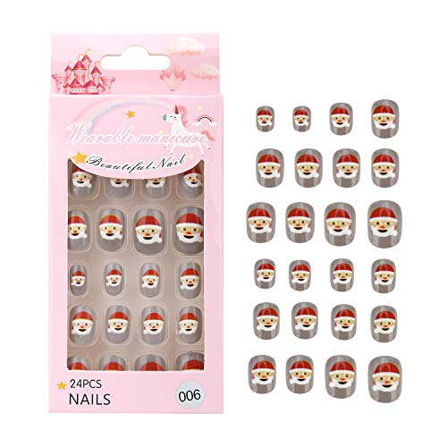 Kids Christmas False Nails Pre Glue Press on Artificial Nail Tip Girl Fake Fingernail Kit Full Cover Short for Children Nail Art Decoration