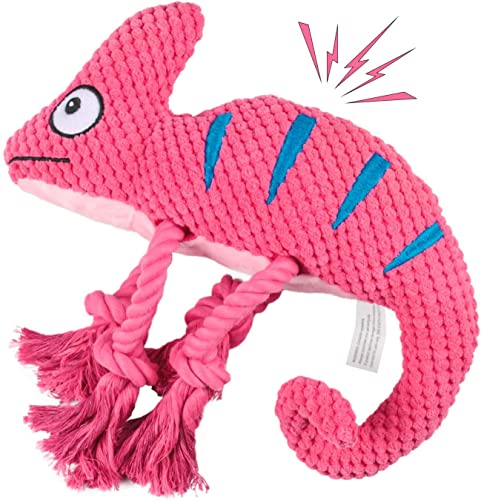 Juguetes chillones para perros de peluche, juguetes duraderos para masticar perros de cuerda para cachorros pequeños de raza media, juguetes interactivos de animales de peluche, camaleón lindo (rosa) Cover