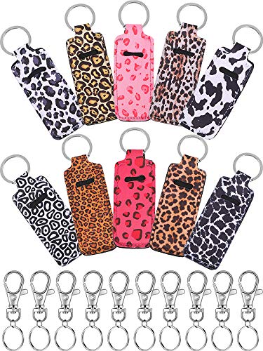 10 Pieces Chapstick Holder Keychain Clip-on Sleeve Chapstick Pouch Lip Balm Holder Sleeve with 10 Metal Key Chains for Travel Daily Accessories, Leopard Style