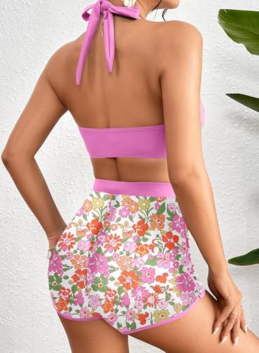 Herseas Women's Bikini Sets 2 Piece Tropical Print Swimsuit Halter Top & Boy Short Bathing Suit2