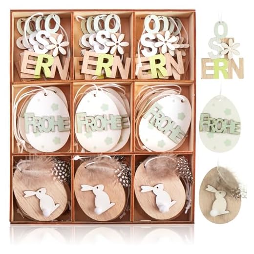 com-four® 36x Dekoanhänger für Ostern - Holzaufhänger für den Osterstrauch - Osterschmuck aus Holz zum Aufhängen - Frühlingsdekoration - Ei, Hase, Schriftzug (weiß + braun + grün)