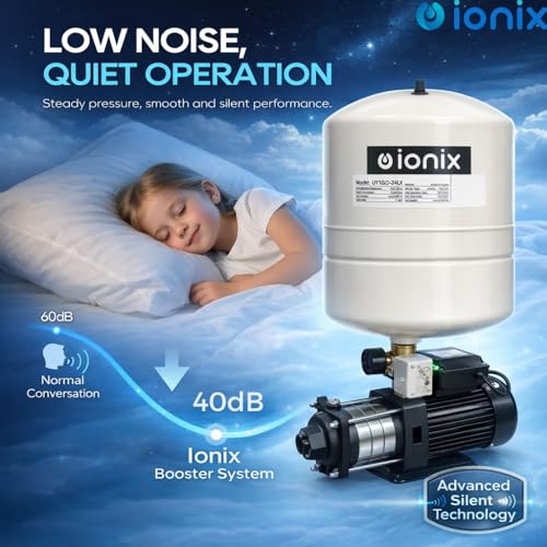Image of IONIX 1 HP High Pressure Booster Pump with 24L Pressure Tank, Stainless Steel Multi Stage Pump Head, Grundfos Pressure Switch, Brass NRV & 5 Way Connector, Water Pressure Pump for Home & Overhead Tank
