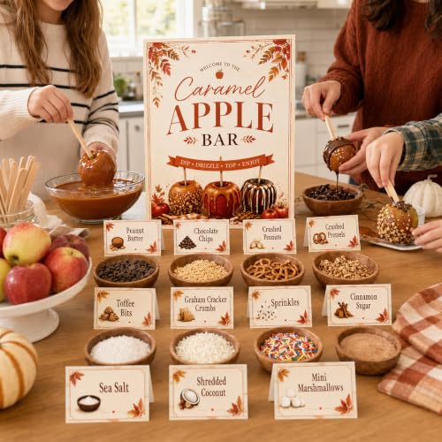 Image of Marspark 14 Pcs Caramel Apple Dipping Bar Station Decorating Set for DIY Candy Apple Corners Fall Dessert Table Sign with Stand and Cards for Fall Autumn Thanksgiving Table Decorations (Autumn Color)