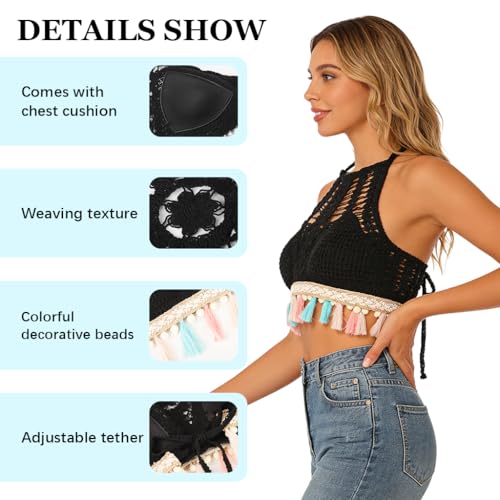 Image of PALAY Women's Summer Beach Backless Crochet Halter Bikini Crop Top Crochet Hollow Out Tassle Embroidery Knit Boho Beachwear