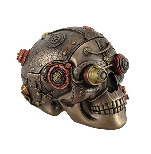 Veronese Design Bronze Finish Leather Look Gearhead Steampunk Skull Trinket/Stash Box #TOP1