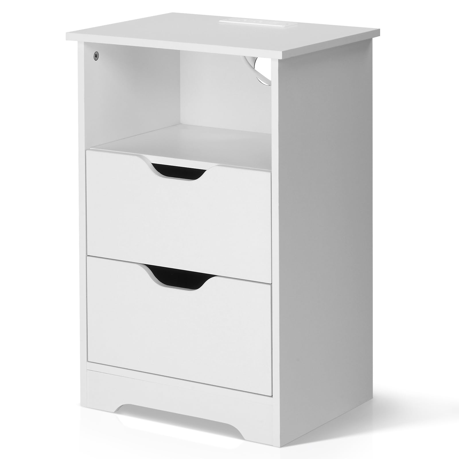 LEADZM Table de Chevet avec Station de Charge et Ports USB,Table d'appoint avec 2 tiroir 1 étagère Ouverte, Commode de Nuit, 40 x 30 x 60cm (1, Blanc)