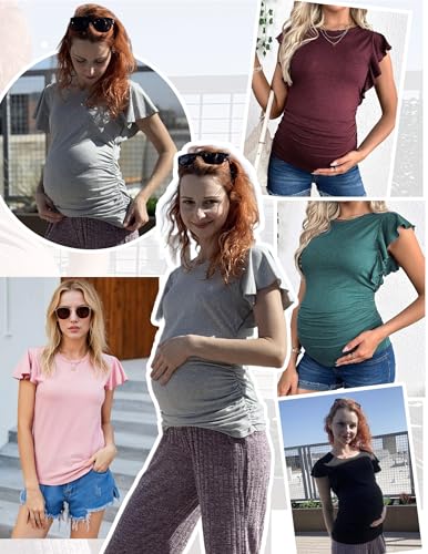 Ekouaer Womens Maternity Shirts Flying Short Sleeve 3 Packs Crew Neck Pregnancy Tee Tops Tunic Blouse Soft Mama Clothes Army Green/Grey/Black M — view 5