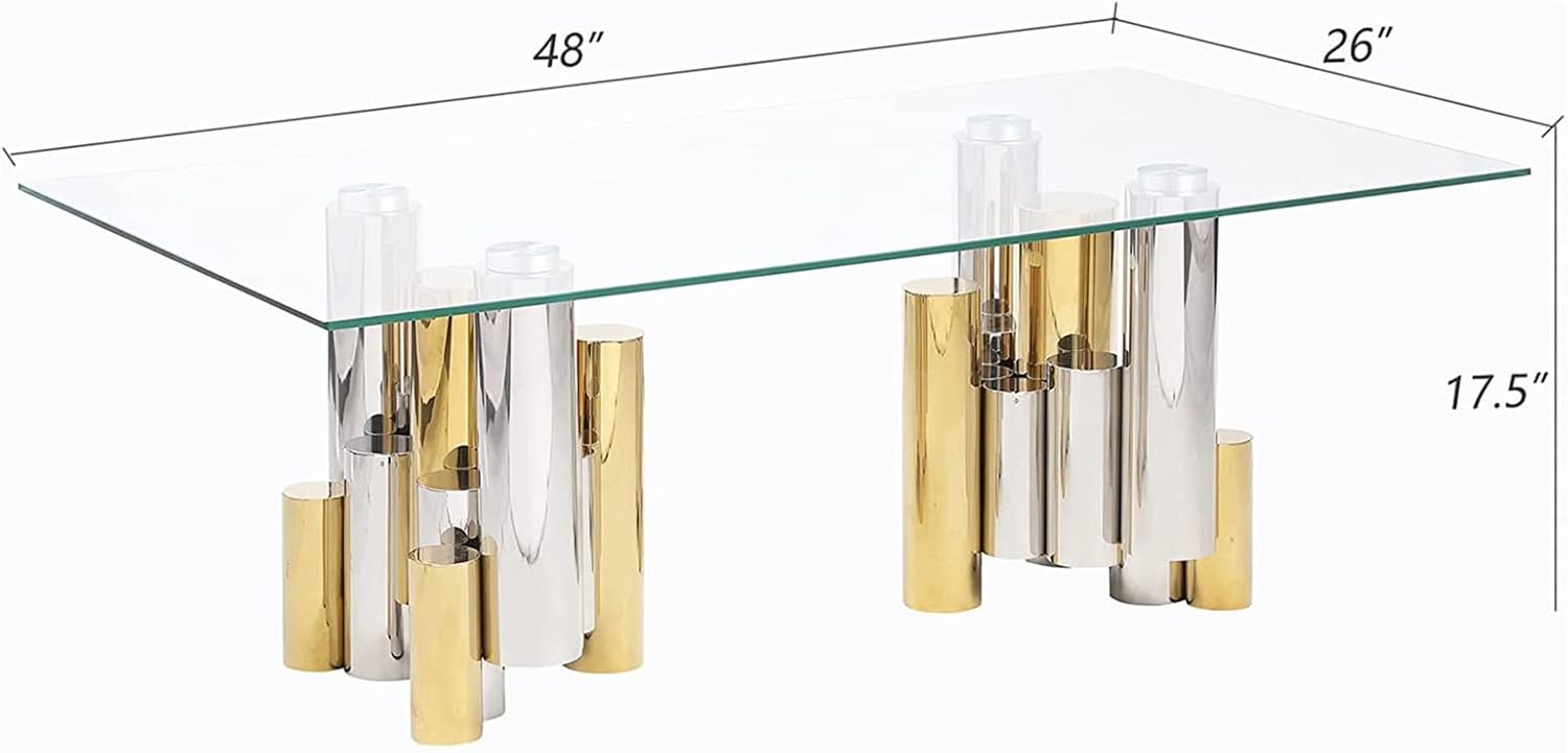 48" Rectangular Glass Coffee Table with Geometric Stainless Steel Base, Modern | Contemporary Golden Living Room Coffee Table Cocktail Tea Table Center Table for Living Room