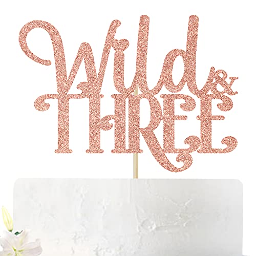 Nanvin Wild & Three Cake Topper - Happy 3rd Birthday Cake Decoration for Girl - Three Years Old Theme Birthday/Anniversary Party Supplies (Rose Gold)