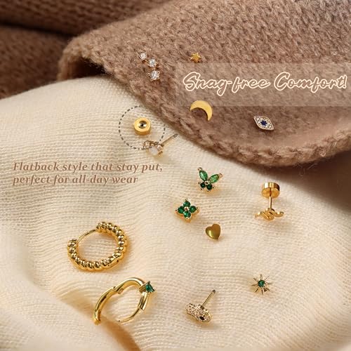 KRFY 25Pcs Hypoallergenic Surgical Steel Earrings for Sensitive Ears 14K Gold Plated Flat Back Cartilage Earrings for Women Men Screw Back Flatback Stud Hoop Earring Set for Multiple Piercing4