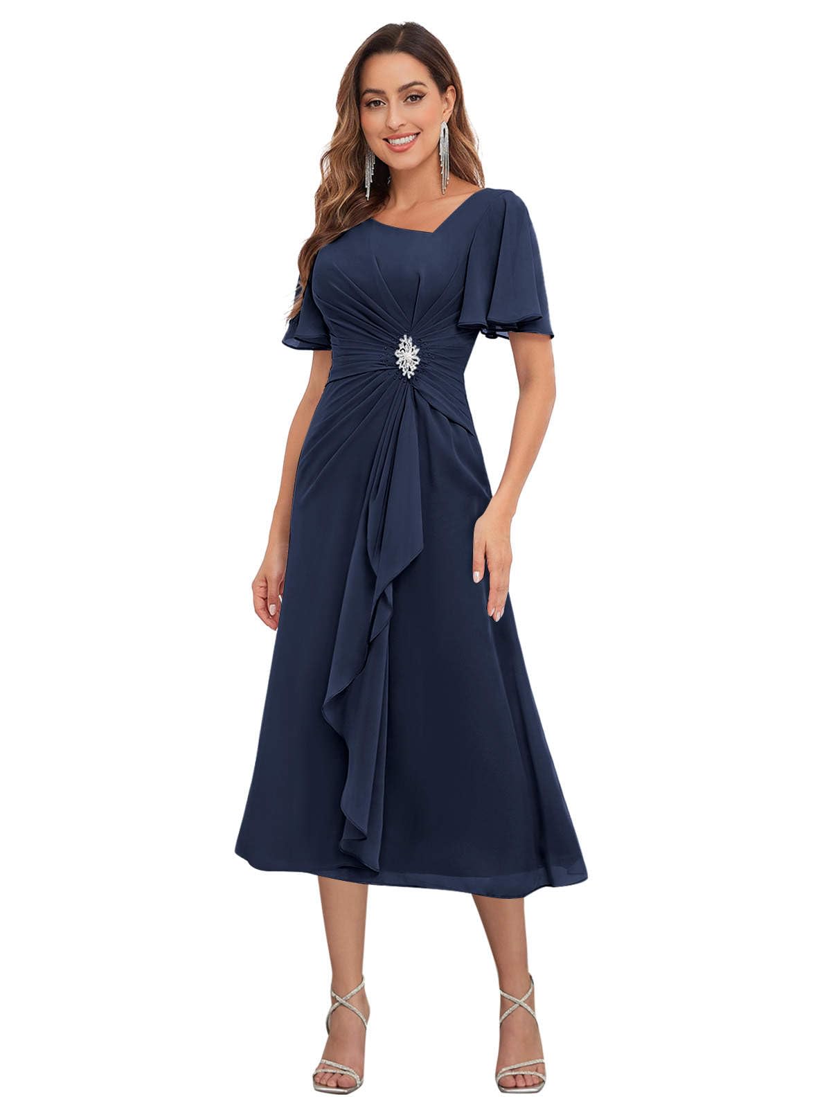 Aootumi Tea Length Mother of The Bride Dresses with Sleeves Chiffon V Neck Ruffles Beaded A Line Formal Wedding Guest Dress