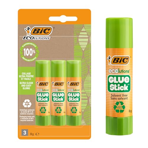 BIC ECOlutions Glue Stick – Bâtons de Colle Blanche Parfaits pour Papier et Carton, Sans Solvant - 8 g, Blister de 3 tubes