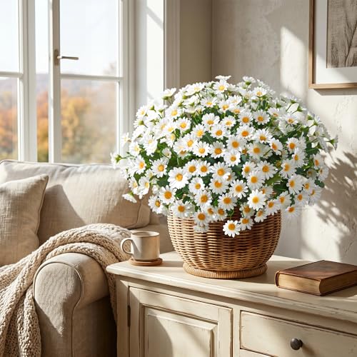 Image of HyeFlora Artificial Mums for Outdoors Fall Decor, 6 Bundles Fake Flowers UV Resistant Realistic Faux Flowers Bouquet Silk Flowers for Outside Planter Porch Patio Garden Yard Balcony Home, White