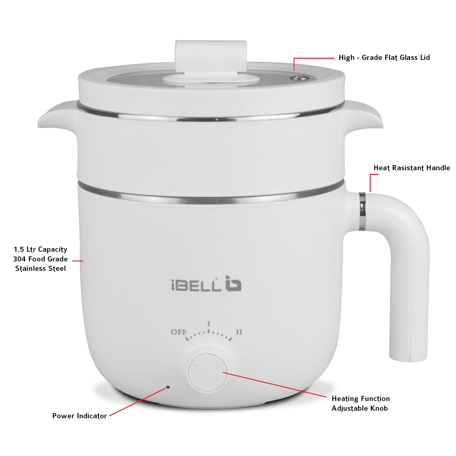 IBELL MPK15M Multipurpose Electric Kettle, 1.5 Litre, 800W, 2 Cooking Pots & Egg Boiler, Temperature Control, For boiling Water, Egg, Stainless Steel Body (White) 4
