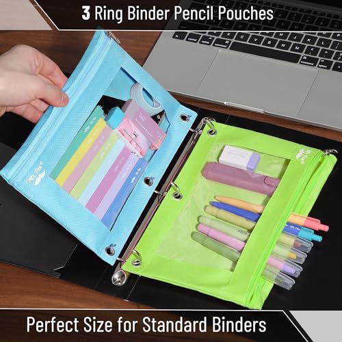 Image of Mr. Pen- Pencil Pouch for 3 Ring Binder, 2 Pack, 10 inchx6.75 inch, Smooth Zipper | Clear Window, Large Capacity Pencil Case with 3 Reinforced Grommets for School, Office, Supplies Storage | Clear Window, Large Capacity Pencil Case with 3 Reinforced Grommets for School, Office, Supplies Storage