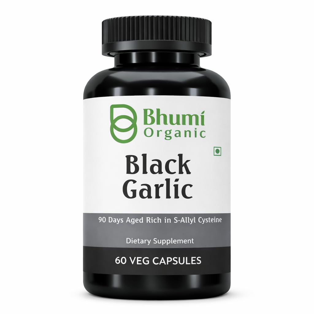 Bhumi Organic Aged Black Garlic Capsules, 60 Veg Caps, 500mg | Antioxidant-Rich Supplement, Supports Heart Health & Immunity, Non-GMO & Vegan, Capsule Form