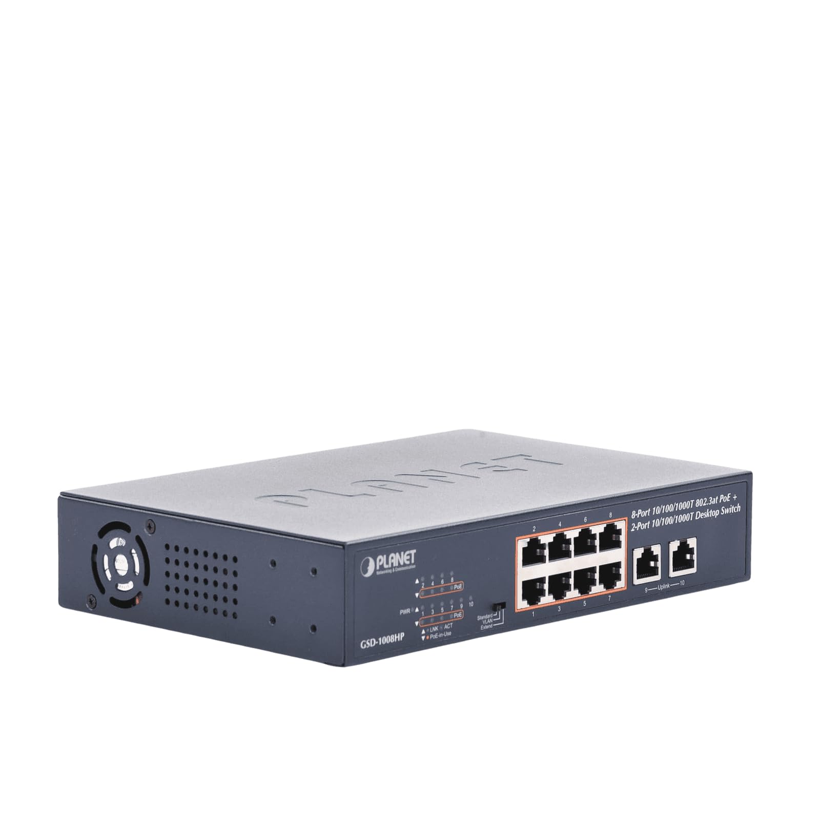 Planet 8-Port 10/100/1000T 802.3at PoE + 2-Port 10/100/1000T, GSD-1008HP (PoE + 2-Port 10/100/1000T Desktop Switch (120W PoE Budget, Standard/VLAN/Extend Mode, 10-inch and Rack-Mou)