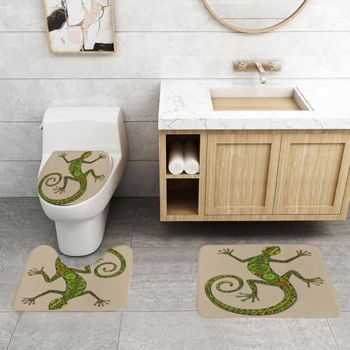 EMCLKS Alfombra de baño Alfombrilla para Puerta,Lagarto o salamandra Colorido Dibujado a Mano con Patrones étnicos Tribales. Hermosa Deco, 3 Pieza Alfombra de Ducha Alfombra de baño de Secado rápido,