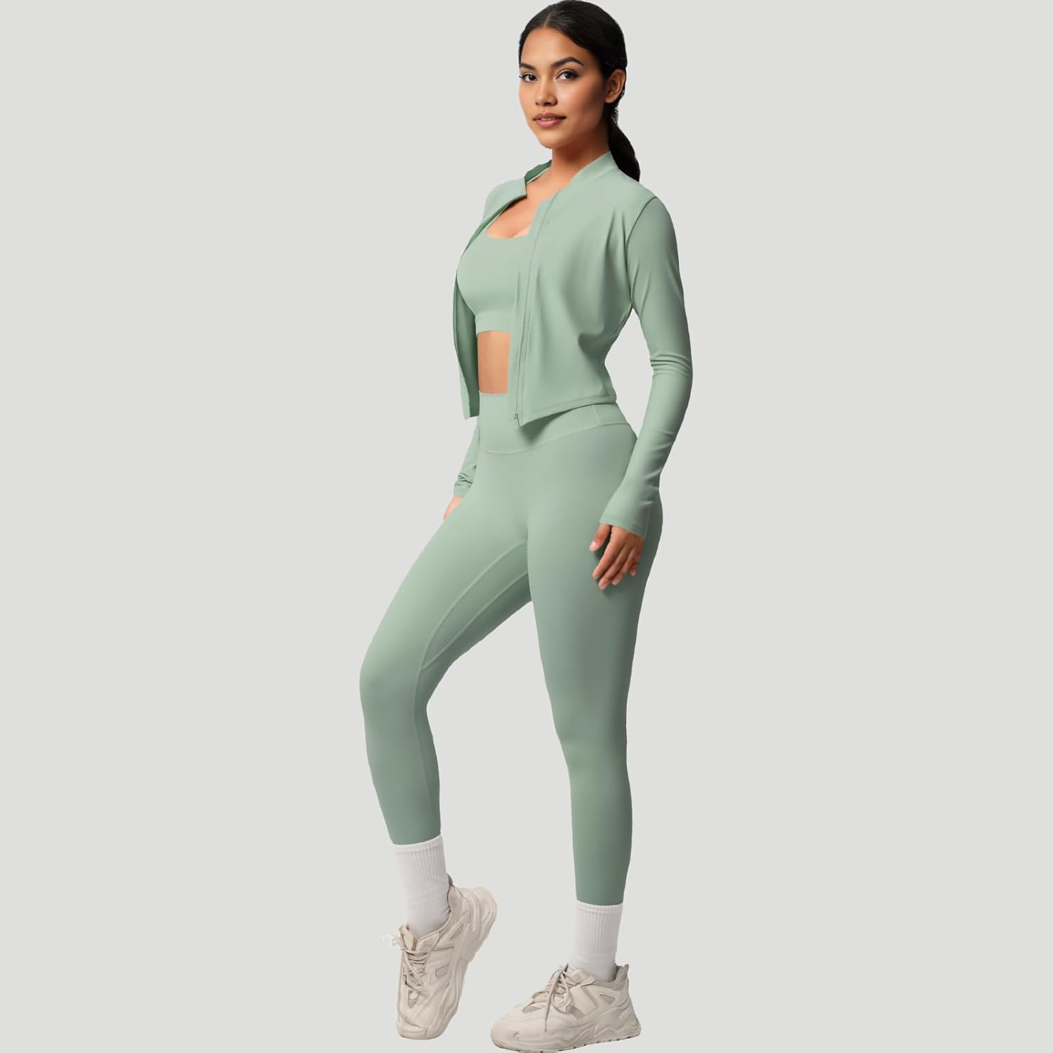 Ropa De Yoga para Mujer 3 Piece Women’s Workout Set – Zip-Up Jacket, Cross Back Sports Bra & High-Waist Leggings