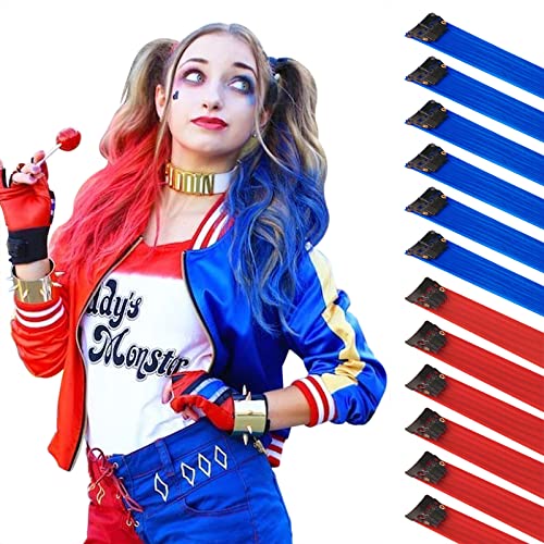 Feshfen Colored Hair Extension, 12 Pcs Blue And Red Clip In Hair Extension Highlight Colorful Long Straight Synthetic Hairpieces For Women Girls, 22 Inch #TOP17