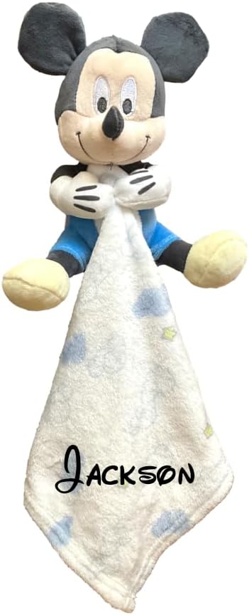 Official Disney Mickey Mouse Personalized Lovey Blanket Plush, Custom Embroidered Name, 8 Inch Plush with 11x11 Security Blanket, Baby Gift