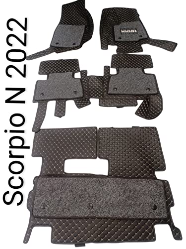 Image of Mahi ndraa Scorpio New 2022 7 Seater 7D Prime Faux Leather Floor Mats Without Boot Mat (Black with Beige) +Free Scorpio N Car TPU Key Cover Worth Rs.390