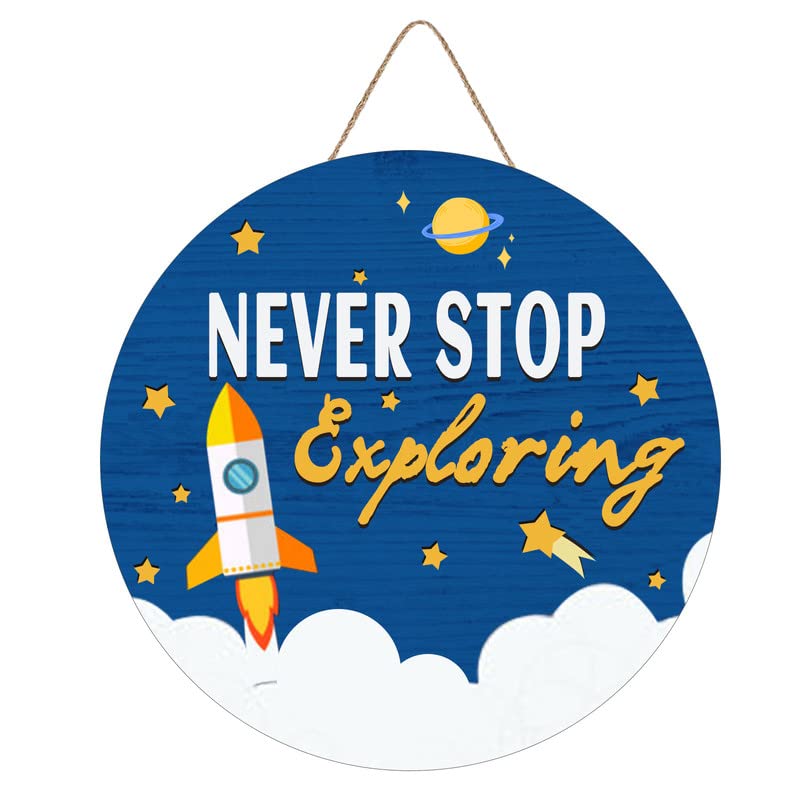 Aowotu Outer Space Wood Sign Plaque Colorful Rocket Wall Door Sign, Never Stop Exploring Inspirational Quote Wooden Hanging Sign Decoration Kids Room
