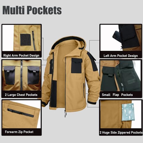Image of Men's Outdoor Tactical Jacket Softshell Waterproof Lightweight Windbreaker Multi Pockets Hunting Hiking Jackets Khaki XXXL