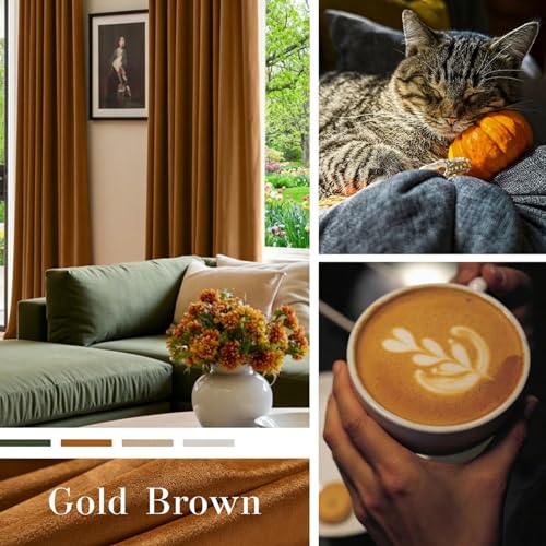 Image of Blackout Golden Brown Velvet Curtains Grommet 52x90 Inch 2 Panels | Soft Velvet, For Bedroom & Living Space, Light Shifting Texture, Elegant Luxury Drape, Rich