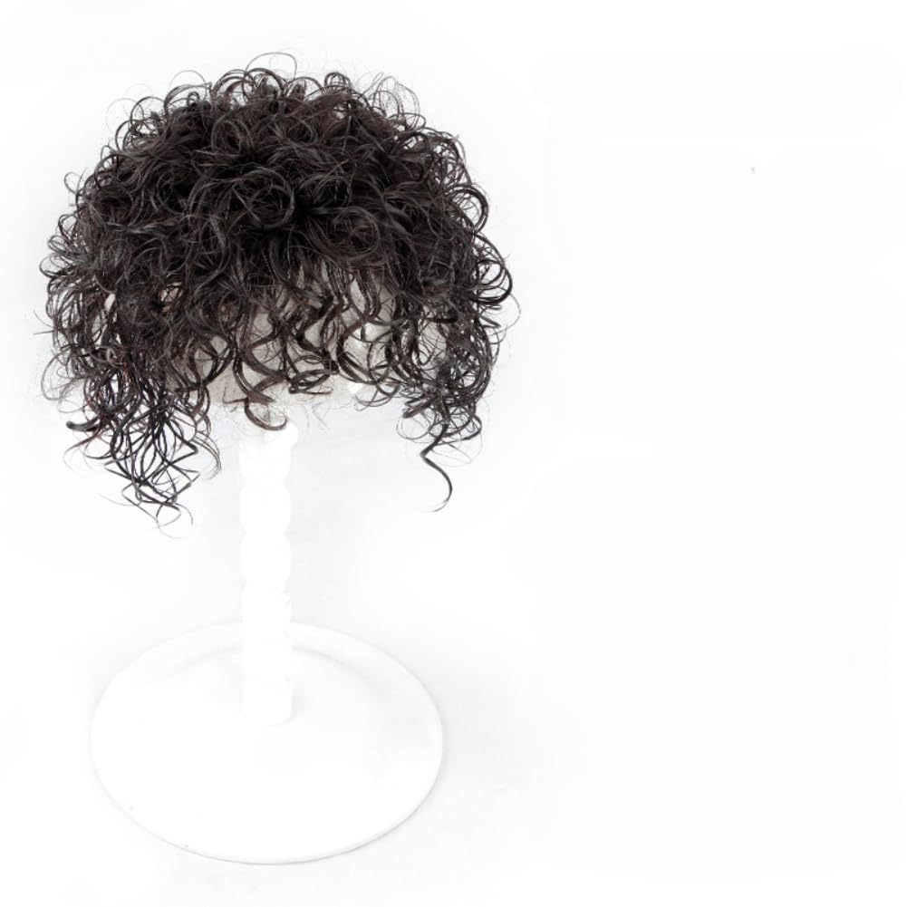 Clip in Toppers Curly Human Hair Woglet Hairpiece with Bangs for Women Thin Hair (Natural black,25cm)