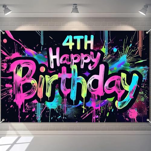 Image of HOMETITUTE Neon 4th Birthday Party Banner 71x43 Inch Paint Splatter Walls Decor for Kids Boys Girls Four Years Celebration Photo Booth Dynamic Background Glow in The Dark Backgrounds