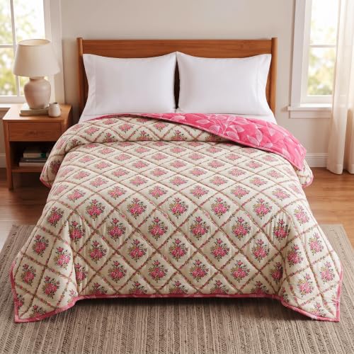 Image of BSB HOME Premium 280 GSM Quilted Comforter, Soft Plush Floral Printed Bedspread, Cozy Warm Reversible Blanket for Bedroom, Elegant Winter Bedding Comforter, 80 x 85 Inches (203 x 215 cm) - Rose Pink