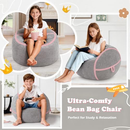 Image of 2FT Bean Bag Chair 2'Bean Bag Chairs with Memory Foam Filled Small Bean Bag | Bean bags with Washable Cover Luxurious Velvet Fabric, Comfy Chairs for Living Room, Bedroom, Dorm, Lightgrey with Pink