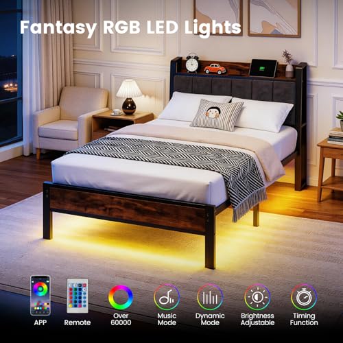 Image of Liians Twin Size Bed Frame with Storage Headboard and Charging Station, Smart RGB LED Lights, Metal Platform Bed with USB & Type-C Ports, Noise Free, Easy Assembly, No Box Spring Needed